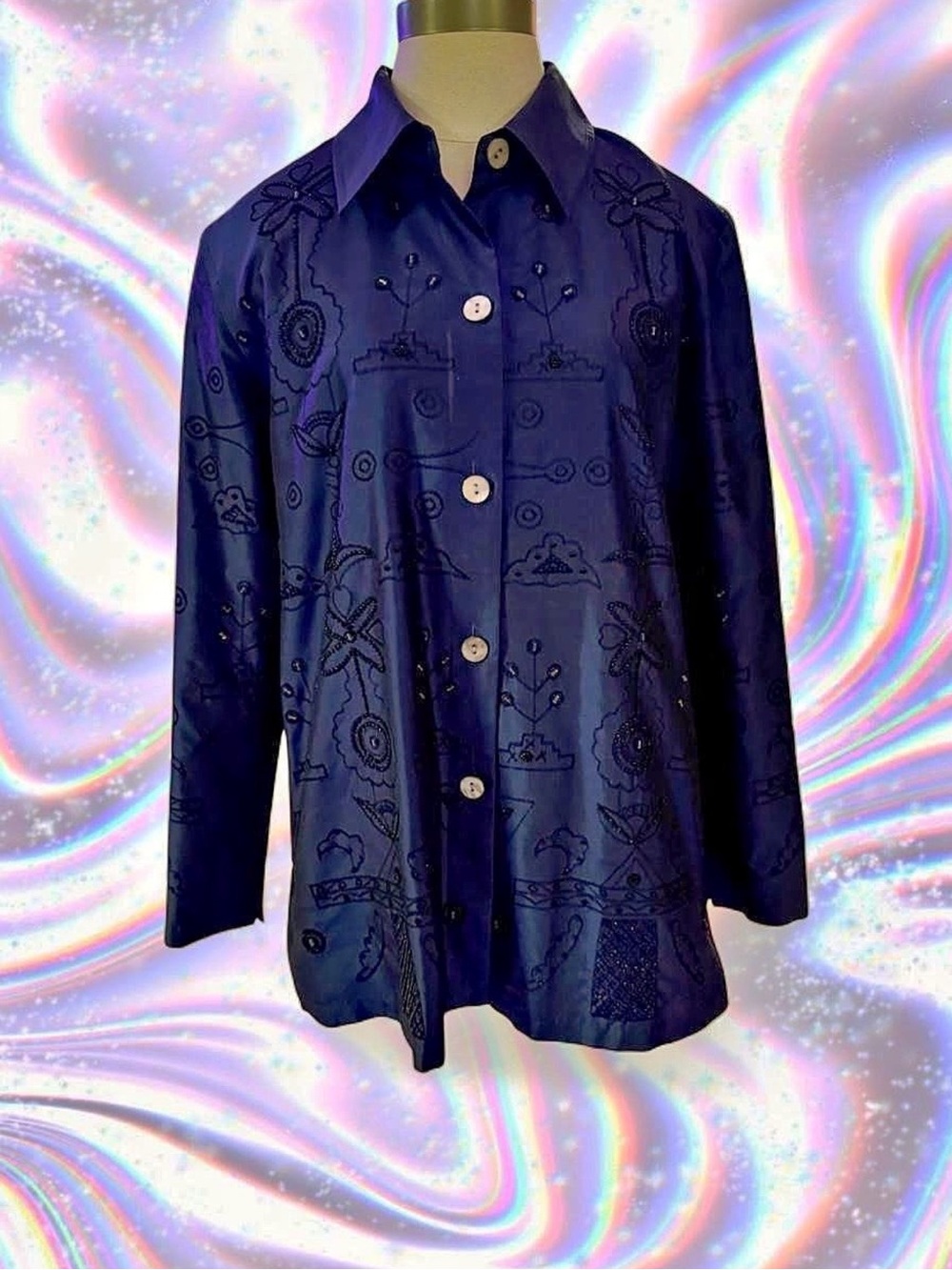 Laura Ashley Embroidered Navy Silk Button Shirt Jacket Blazer Blouse Vintage